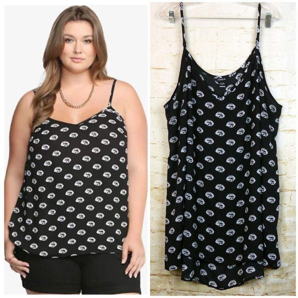 Torrid Tank Camisole Top Womens 5X Black Lips All over Print Semi Sheer Goth